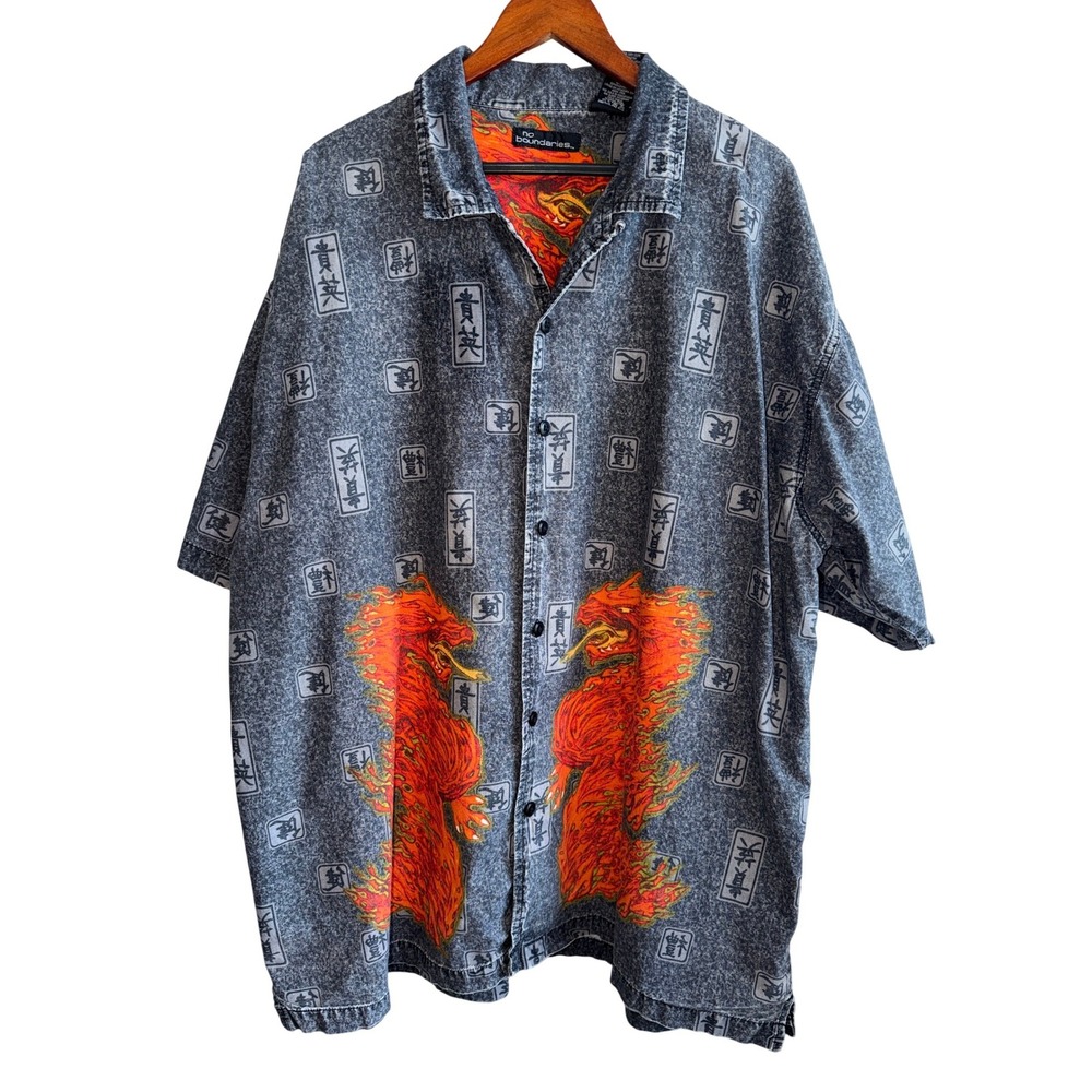 Vintage NO BOUNDARIES Flame Dragon Asian Oriental Graphic Shirt Tattoo 3XL 90s